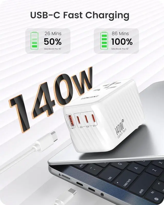 Alt view image 2 of 7 - 140W Universal Travel Adapter, International Plug Adaptor, GaN Fast Charger with 3 PD3.1 Type C+1 QC USB A, All in One Essentials, Worldwide Adapter for USA/UK/EU/AU, White by DT