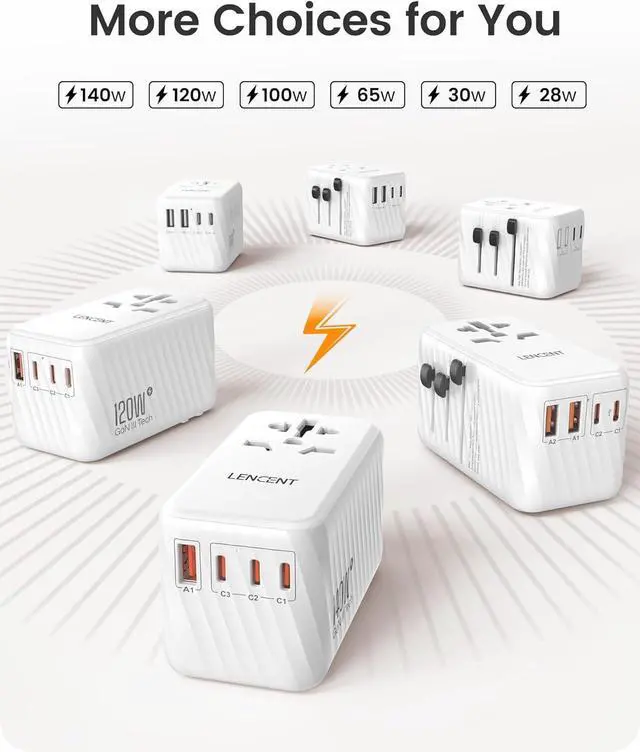Alt view image 6 of 7 - 140W Universal Travel Adapter, International Plug Adaptor, GaN Fast Charger with 3 PD3.1 Type C+1 QC USB A, All in One Essentials, Worldwide Adapter for USA/UK/EU/AU, White by DT