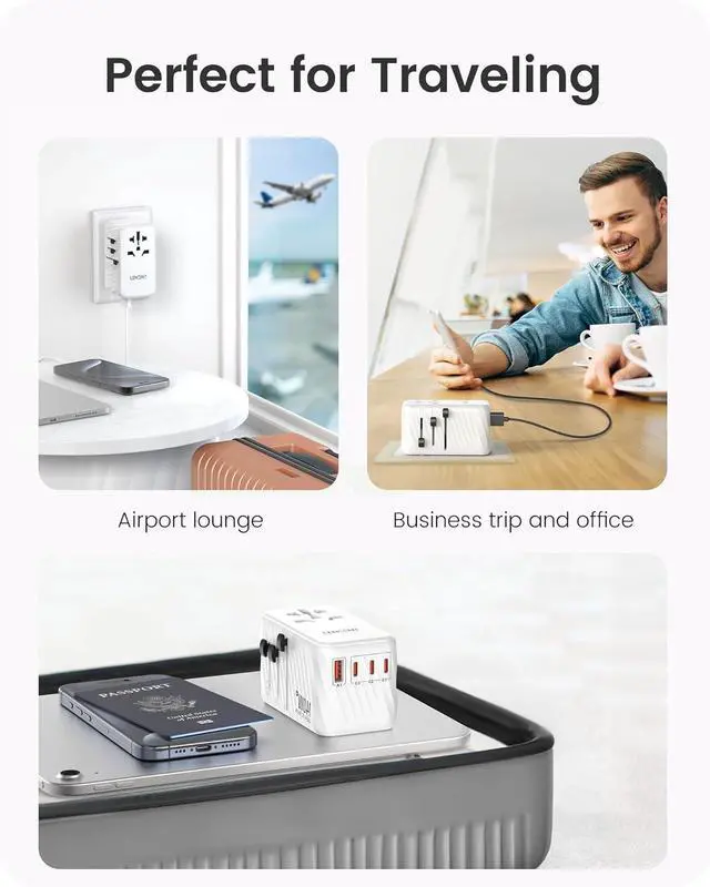 Alt view image 7 of 7 - 140W Universal Travel Adapter, International Plug Adaptor, GaN Fast Charger with 3 PD3.1 Type C+1 QC USB A, All in One Essentials, Worldwide Adapter for USA/UK/EU/AU, White by DT