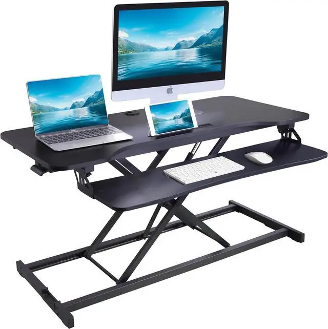 Main image of 43" Height Adjustable Standing Desk Converter - Tall Sit Stand Up Tabletop Riser with Tablet Slot Home Office Computer Workstation Deep Keyboard Tray for Laptop Mouse Black (R VADRB-43) by DT
