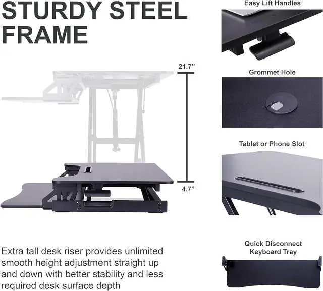 Alt view image 2 of 6 - 43" Height Adjustable Standing Desk Converter - Tall Sit Stand Up Tabletop Riser with Tablet Slot Home Office Computer Workstation Deep Keyboard Tray for Laptop Mouse Black (R VADRB-43) by DT