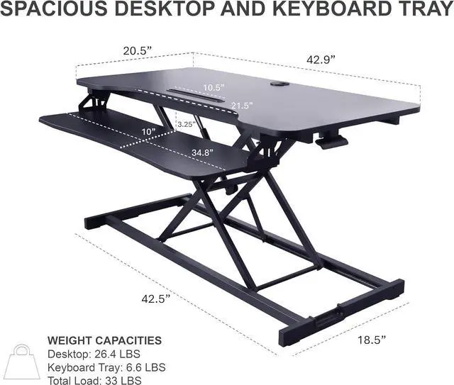 Alt view image 4 of 6 - 43" Height Adjustable Standing Desk Converter - Tall Sit Stand Up Tabletop Riser with Tablet Slot Home Office Computer Workstation Deep Keyboard Tray for Laptop Mouse Black (R VADRB-43) by DT