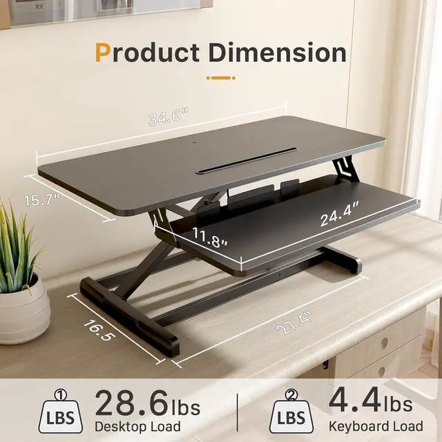 Alt view image 2 of 7 - Standing Desk Converter, 35" Wide Height Adjustable Sit Stand Up Riser with Keyboard Tray, Desktop Workstation for Home Office Computer Laptop, Particle Board, Black by DT