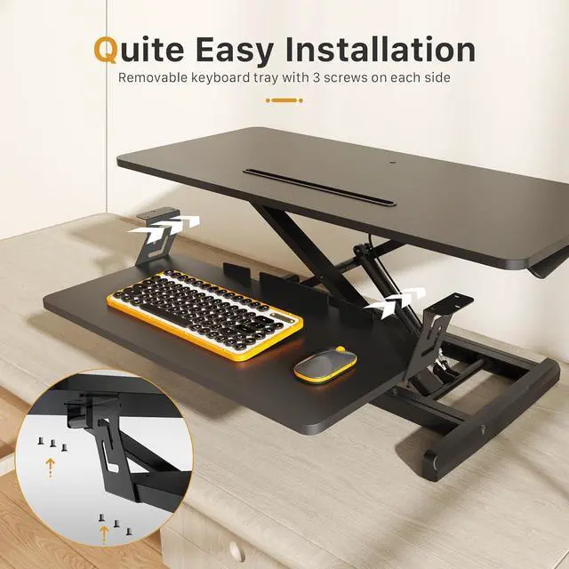 Alt view image 4 of 7 - Standing Desk Converter, 35" Wide Height Adjustable Sit Stand Up Riser with Keyboard Tray, Desktop Workstation for Home Office Computer Laptop, Particle Board, Black by DT