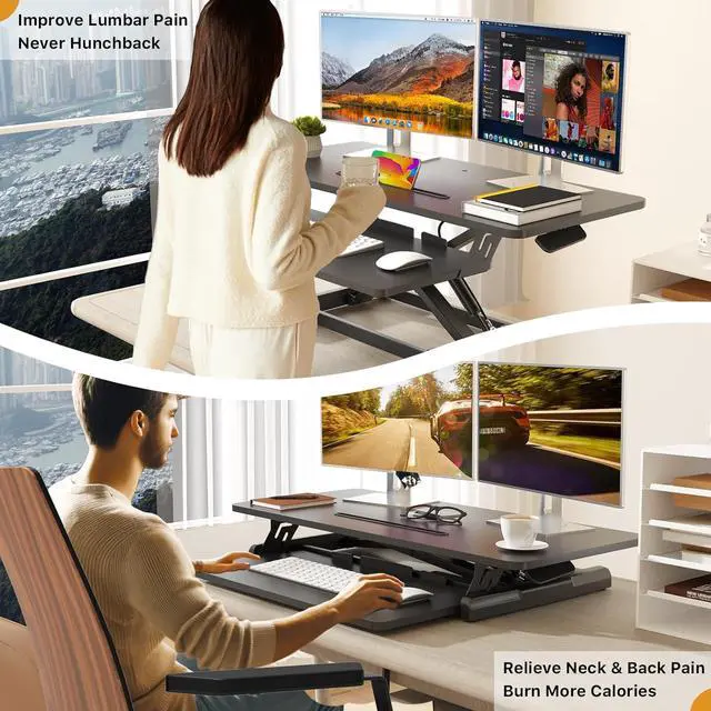 Alt view image 5 of 7 - Standing Desk Converter, 35" Wide Height Adjustable Sit Stand Up Riser with Keyboard Tray, Desktop Workstation for Home Office Computer Laptop, Particle Board, Black by DT