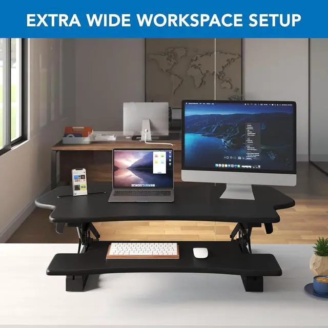 Alt view image 2 of 7 - Height Adjustable Standing Desk Converter, Extra Large 48 Wide Tabletop for Dual Monitors, Stand Up Riser to 19.5" Tall, Gas Sp Raising Computer Workstation Convertor in Black by DT
