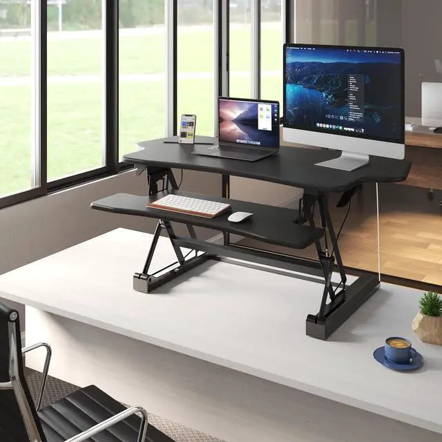 Alt view image 3 of 7 - Height Adjustable Standing Desk Converter, Extra Large 48 Wide Tabletop for Dual Monitors, Stand Up Riser to 19.5" Tall, Gas Sp Raising Computer Workstation Convertor in Black by DT