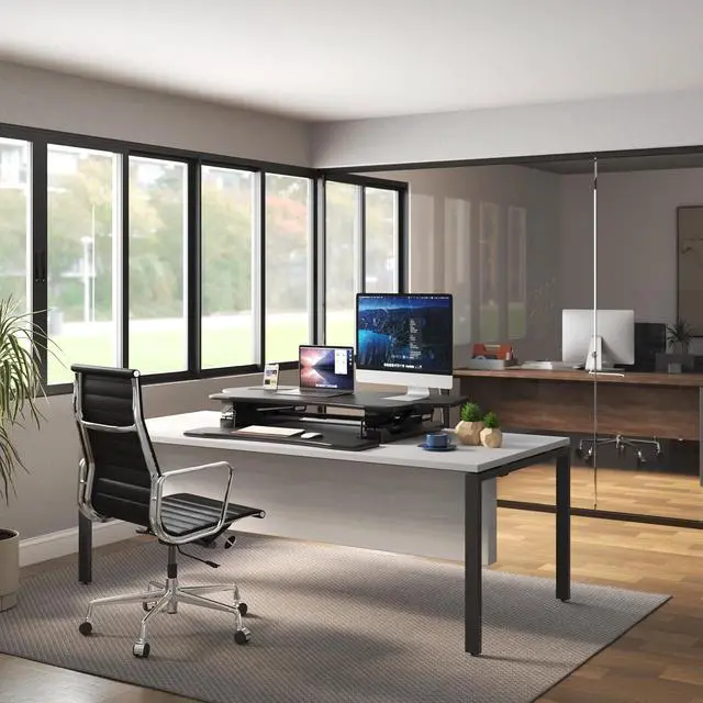 Alt view image 4 of 7 - Height Adjustable Standing Desk Converter, Extra Large 48 Wide Tabletop for Dual Monitors, Stand Up Riser to 19.5" Tall, Gas Sp Raising Computer Workstation Convertor in Black by DT