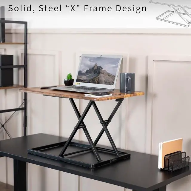 Alt view image 4 of 7 - Ultra-Slim Single Top Height Adjustable Standing Desk Riser, Compact Sit Stand Desktop Converter for Monitor or Laptop, Rustic Vintage Brown, DESK-V001JN by DT