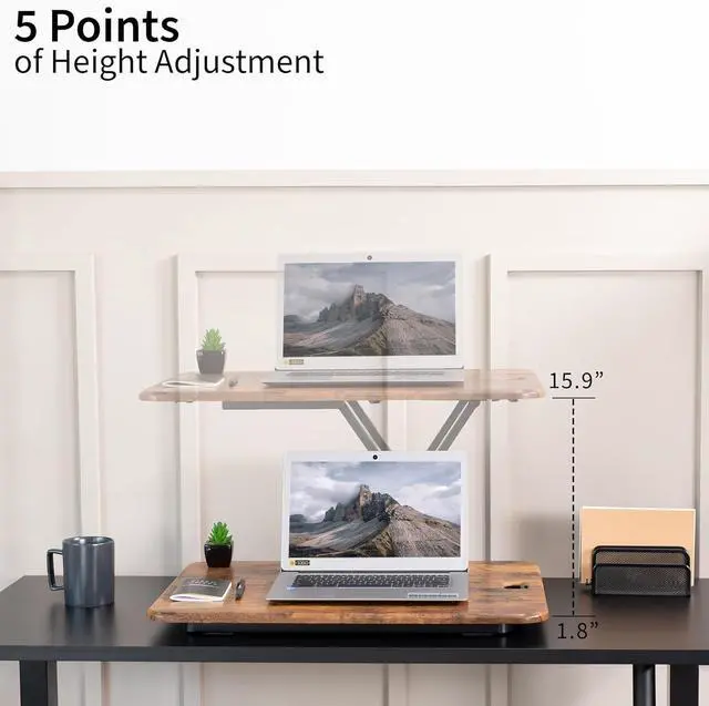 Alt view image 3 of 7 - Ultra-Slim Single Top Height Adjustable Standing Desk Riser, Compact Sit Stand Desktop Converter for Monitor or Laptop, Rustic Vintage Brown, DESK-V001JN by DT