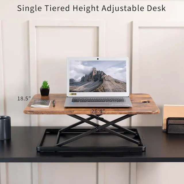 Alt view image 7 of 7 - Ultra-Slim Single Top Height Adjustable Standing Desk Riser, Compact Sit Stand Desktop Converter for Monitor or Laptop, Rustic Vintage Brown, DESK-V001JN by DT
