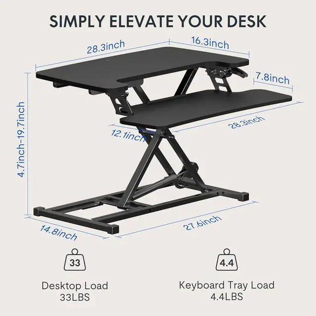 Alt view image 2 of 5 - 28'' Black Height Adjustable Standing Desk Converter Sit-to-Stand Riser with Wide Keyboard Tray Workstation for Home and Office by DT