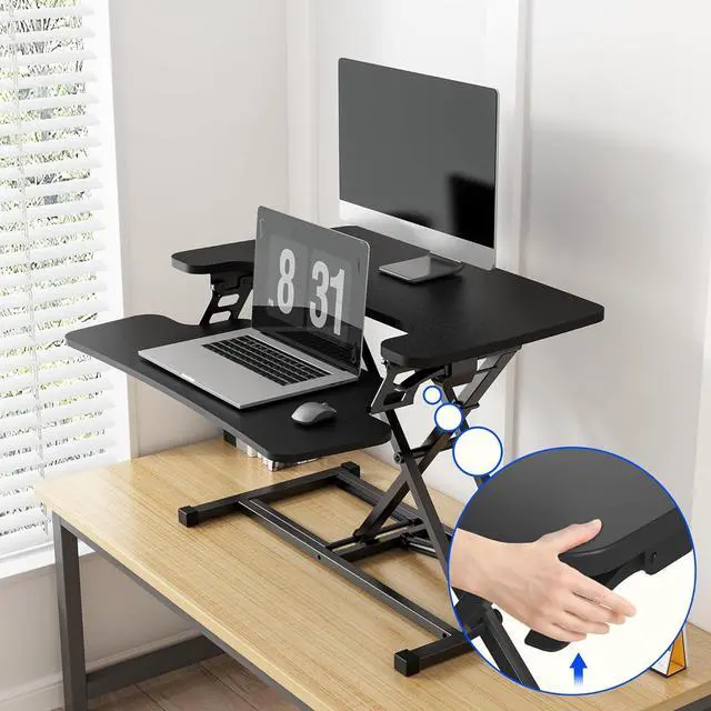 Alt view image 4 of 5 - 28'' Black Height Adjustable Standing Desk Converter Sit-to-Stand Riser with Wide Keyboard Tray Workstation for Home and Office by DT