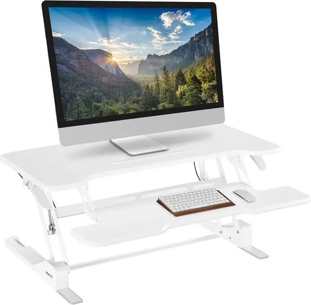 Main image of Standing Desk Converter White 38 Wide Height Adjustable Stand Up Riser, Topper with Gas Sp, Desktop Keyboard Tray Fits Two Monitors by DT