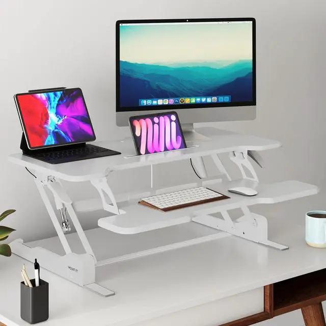 Alt view image 2 of 7 - Standing Desk Converter White 38 Wide Height Adjustable Stand Up Riser, Topper with Gas Sp, Desktop Keyboard Tray Fits Two Monitors by DT