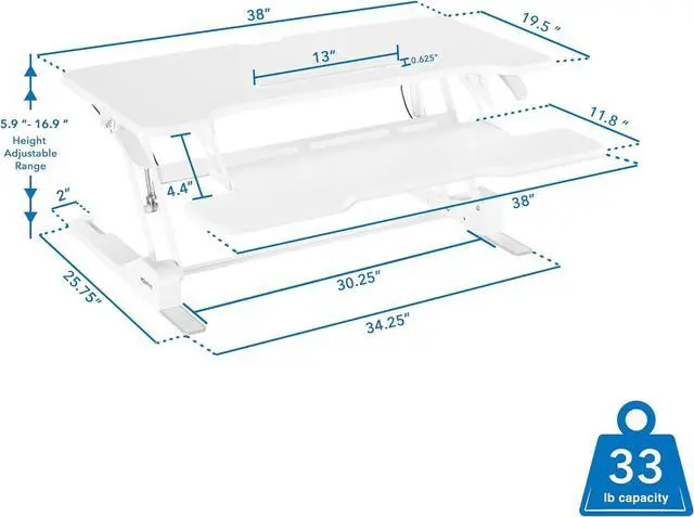 Alt view image 3 of 7 - Standing Desk Converter White 38 Wide Height Adjustable Stand Up Riser, Topper with Gas Sp, Desktop Keyboard Tray Fits Two Monitors by DT