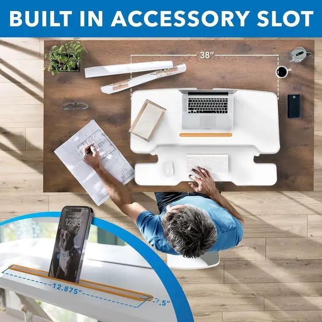 Alt view image 4 of 7 - Standing Desk Converter White 38 Wide Height Adjustable Stand Up Riser, Topper with Gas Sp, Desktop Keyboard Tray Fits Two Monitors by DT