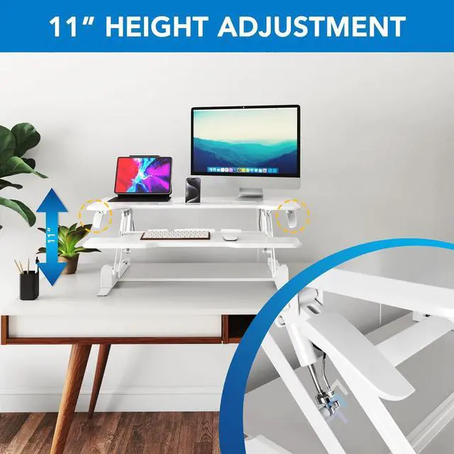 Alt view image 5 of 7 - Standing Desk Converter White 38 Wide Height Adjustable Stand Up Riser, Topper with Gas Sp, Desktop Keyboard Tray Fits Two Monitors by DT