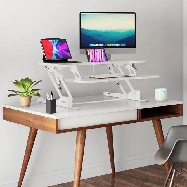 Alt view image 6 of 7 - Standing Desk Converter White 38 Wide Height Adjustable Stand Up Riser, Topper with Gas Sp, Desktop Keyboard Tray Fits Two Monitors by DT