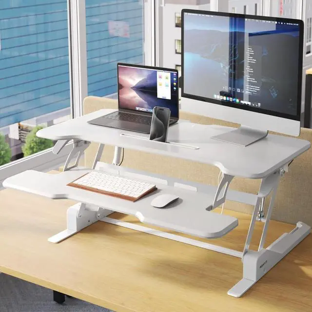 Alt view image 7 of 7 - Standing Desk Converter White 38 Wide Height Adjustable Stand Up Riser, Topper with Gas Sp, Desktop Keyboard Tray Fits Two Monitors by DT