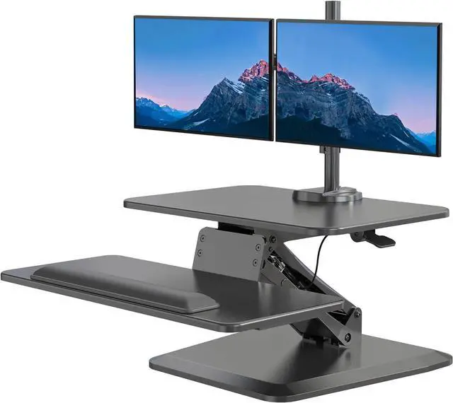 Main image of Standing Desk Converter, Stand Up Riser with Dual Monitor Mount, Adjustable Workstation in Black, Top Platform 23" Wide, Keyboard Mouse Tray 27" Raises 5" to 17" Tall by DT