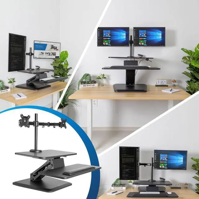 Alt view image 3 of 7 - Standing Desk Converter, Stand Up Riser with Dual Monitor Mount, Adjustable Workstation in Black, Top Platform 23" Wide, Keyboard Mouse Tray 27" Raises 5" to 17" Tall by DT