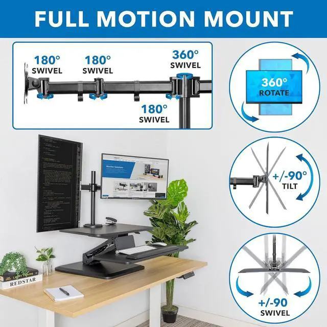 Alt view image 5 of 7 - Standing Desk Converter, Stand Up Riser with Dual Monitor Mount, Adjustable Workstation in Black, Top Platform 23" Wide, Keyboard Mouse Tray 27" Raises 5" to 17" Tall by DT