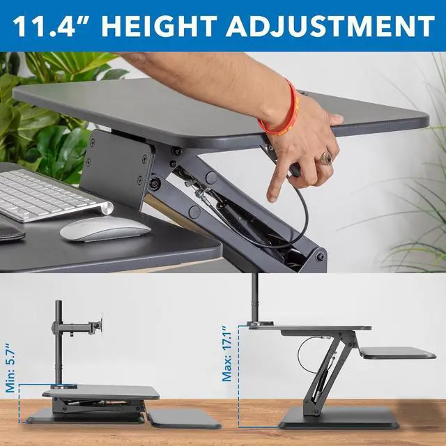 Alt view image 6 of 7 - Standing Desk Converter, Stand Up Riser with Dual Monitor Mount, Adjustable Workstation in Black, Top Platform 23" Wide, Keyboard Mouse Tray 27" Raises 5" to 17" Tall by DT