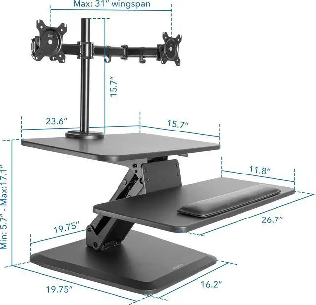 Alt view image 7 of 7 - Standing Desk Converter, Stand Up Riser with Dual Monitor Mount, Adjustable Workstation in Black, Top Platform 23" Wide, Keyboard Mouse Tray 27" Raises 5" to 17" Tall by DT