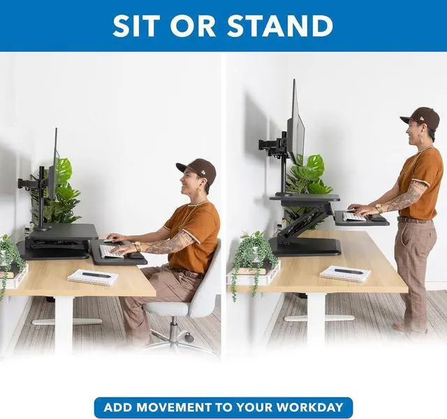 Alt view image 4 of 7 - Standing Desk Converter, Stand Up Riser with Dual Monitor Mount, Adjustable Workstation in Black, Top Platform 23" Wide, Keyboard Mouse Tray 27" Raises 5" to 17" Tall by DT