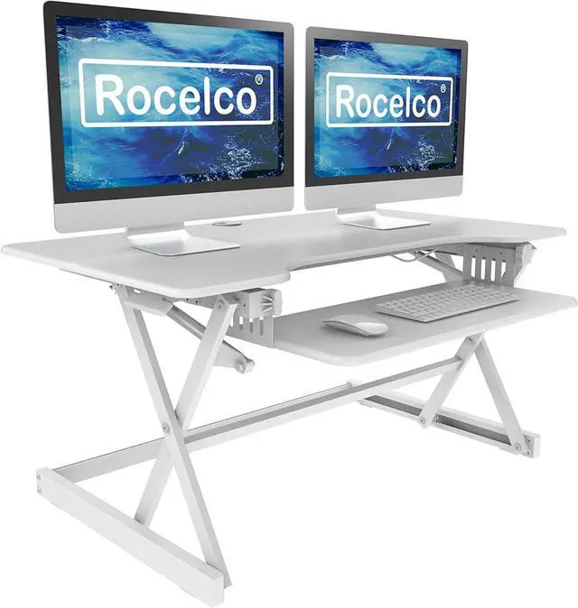 Rocelco 40" Large Height Adjustable Standing Desk Converter - Quick Sit Stand Up Dual Monitor Riser - Gas Spring Assist Computer Workstation - Retractable Keyboard Tray - White (R DADRW-40)