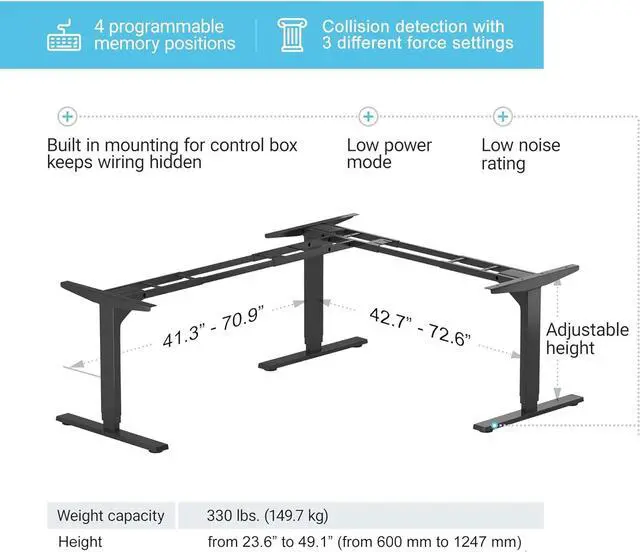 Alt view image 2 of 5 - Standing Desk Corner Frame. Adjustable Height and Width Legs with Triple Electric Motors for Home Office L Shaped FLT-05 Black by DT