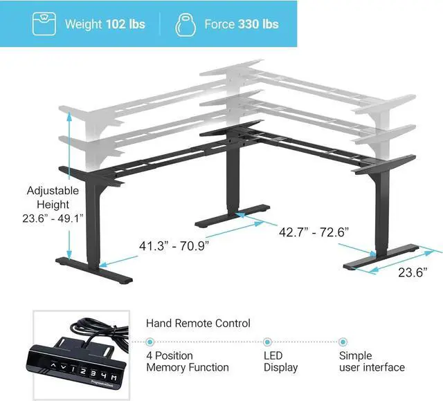 Alt view image 4 of 5 - Standing Desk Corner Frame. Adjustable Height and Width Legs with Triple Electric Motors for Home Office L Shaped FLT-05 Black by DT