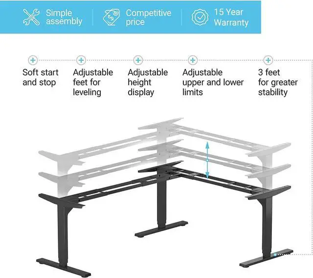 Alt view image 3 of 5 - Standing Desk Corner Frame. Adjustable Height and Width Legs with Triple Electric Motors for Home Office L Shaped FLT-05 Black by DT