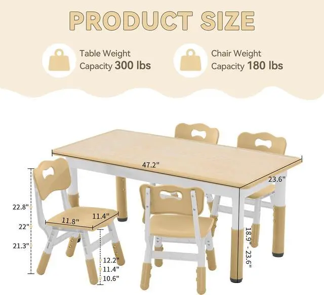 Alt view image 3 of 7 - Kids Study Table and Chairs Set, Height Adjustable Toddler Chair Set for Ages 3-8, Graffiti Desktop (Wooden Brown) by DT