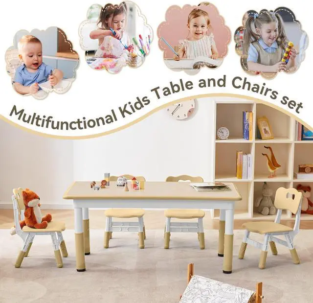 Alt view image 6 of 7 - Kids Study Table and Chairs Set, Height Adjustable Toddler Chair Set for Ages 3-8, Graffiti Desktop (Wooden Brown) by DT