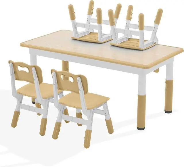 Alt view image 7 of 7 - Kids Study Table and Chairs Set, Height Adjustable Toddler Chair Set for Ages 3-8, Graffiti Desktop (Wooden Brown) by DT