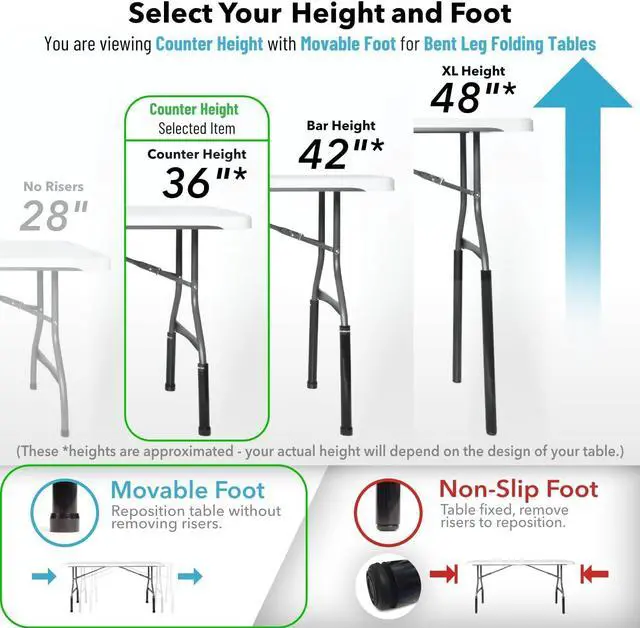 Alt view image 4 of 7 - ® Folding Table Risers - Counter Height (Movable Foot) Made in The USA, Heavy Duty, Sturdy, Portable, Easy-to-Use Extensions Raise Bent Leg Tables (Set of 4) by DT