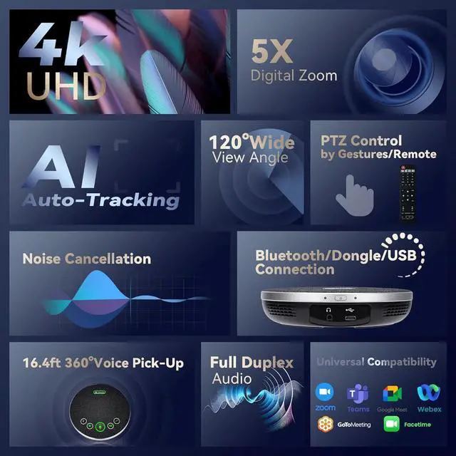 Alt view image 2 of 7 - 4K Conference Room Camera System, AI Auto-Tracking PTZ 5X Digital Zoom with Speakerphone Set 120° Wide-Angle USB3.0 for YouTube Teams OBS and More by DT