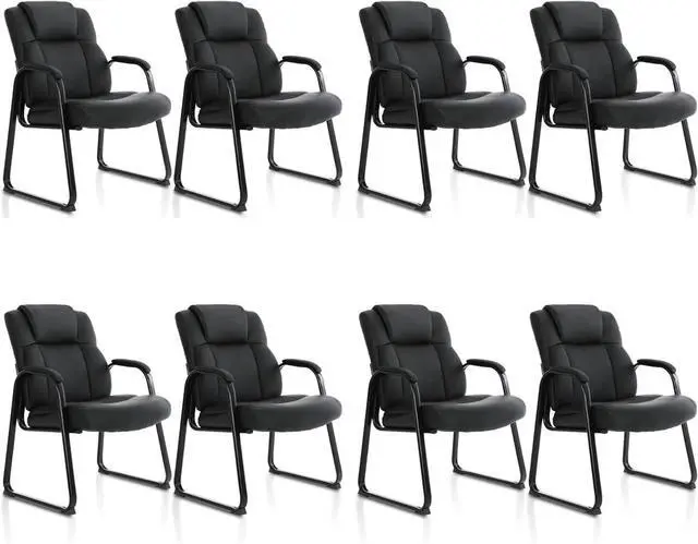 Main image of Big & Tall 500 lb. Guest Chair, Leather Reception Chairs with Sled Base and Padded Arm Rest for Waiting Room Office Home Meeting Conference-Black (8 Pack) by DT