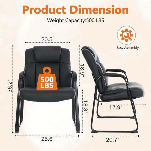 Alt view image 3 of 7 - Big & Tall 500 lb. Guest Chair, Leather Reception Chairs with Sled Base and Padded Arm Rest for Waiting Room Office Home Meeting Conference-Black (8 Pack) by DT