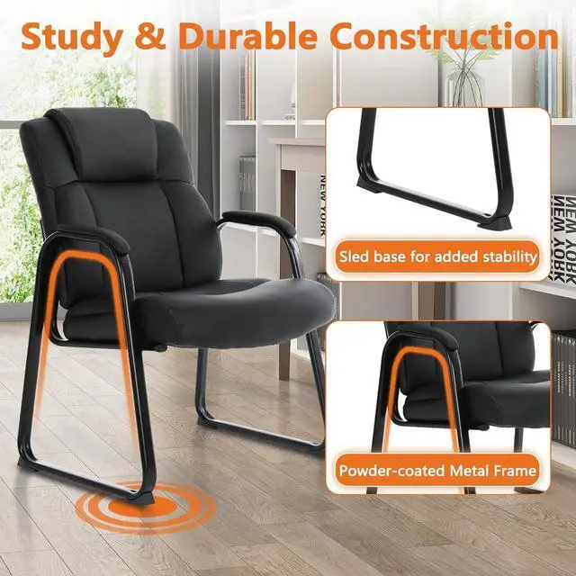 Alt view image 5 of 7 - Big & Tall 500 lb. Guest Chair, Leather Reception Chairs with Sled Base and Padded Arm Rest for Waiting Room Office Home Meeting Conference-Black (8 Pack) by DT