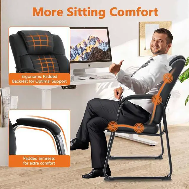 Alt view image 6 of 7 - Big & Tall 500 lb. Guest Chair, Leather Reception Chairs with Sled Base and Padded Arm Rest for Waiting Room Office Home Meeting Conference-Black (8 Pack) by DT