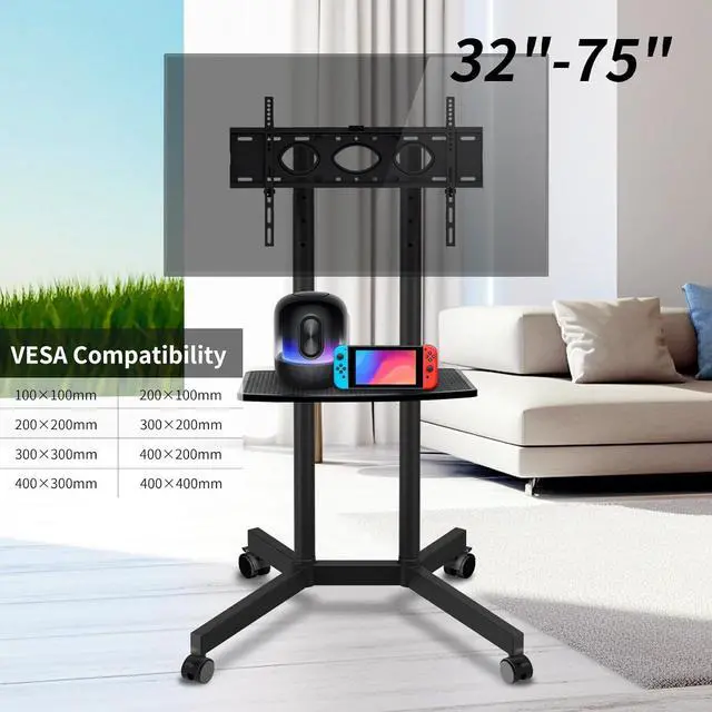 Alt view image 2 of 7 - Rolling TV Stand with Wheels for 32-75 Inch TVs up to 88lbs, Portable Shelf, Mobile Cart Living Room, Office, Meeting Outdoor by DT