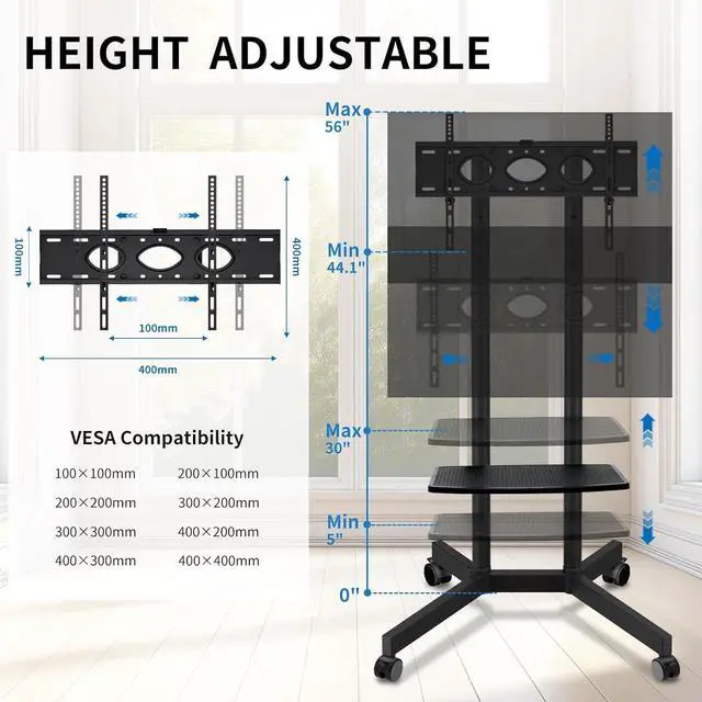 Alt view image 5 of 7 - Rolling TV Stand with Wheels for 32-75 Inch TVs up to 88lbs, Portable Shelf, Mobile Cart Living Room, Office, Meeting Outdoor by DT