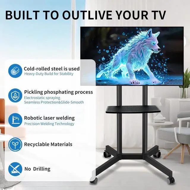 Alt view image 7 of 7 - Rolling TV Stand with Wheels for 32-75 Inch TVs up to 88lbs, Portable Shelf, Mobile Cart Living Room, Office, Meeting Outdoor by DT