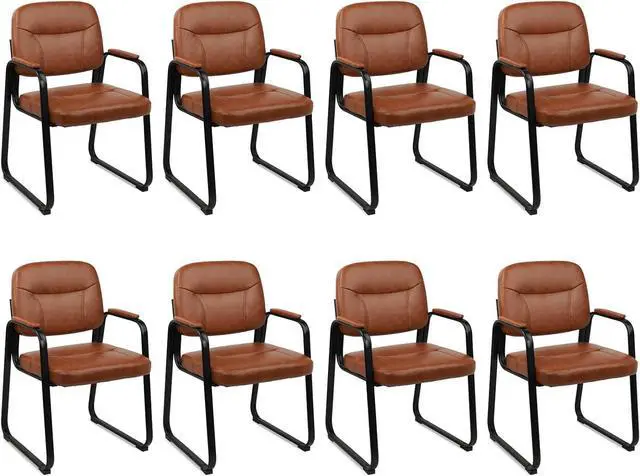 Main image of Waiting Reception Chairs No Wheel, Leather Guest Chair with Padded Arms, Modern Brown Office Desk Sled Base for Meeting Conference Room Lobby Home Living (8 Pack) by DT