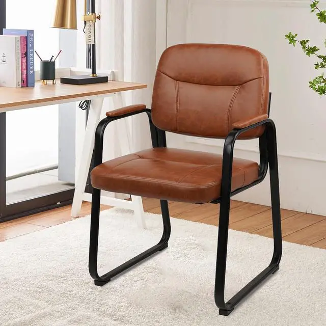 Alt view image 2 of 7 - Waiting Reception Chairs No Wheel, Leather Guest Chair with Padded Arms, Modern Brown Office Desk Sled Base for Meeting Conference Room Lobby Home Living (8 Pack) by DT