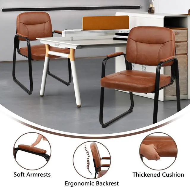 Alt view image 5 of 7 - Waiting Reception Chairs No Wheel, Leather Guest Chair with Padded Arms, Modern Brown Office Desk Sled Base for Meeting Conference Room Lobby Home Living (8 Pack) by DT