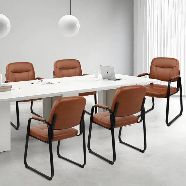 Alt view image 4 of 7 - Waiting Reception Chairs No Wheel, Leather Guest Chair with Padded Arms, Modern Brown Office Desk Sled Base for Meeting Conference Room Lobby Home Living (8 Pack) by DT